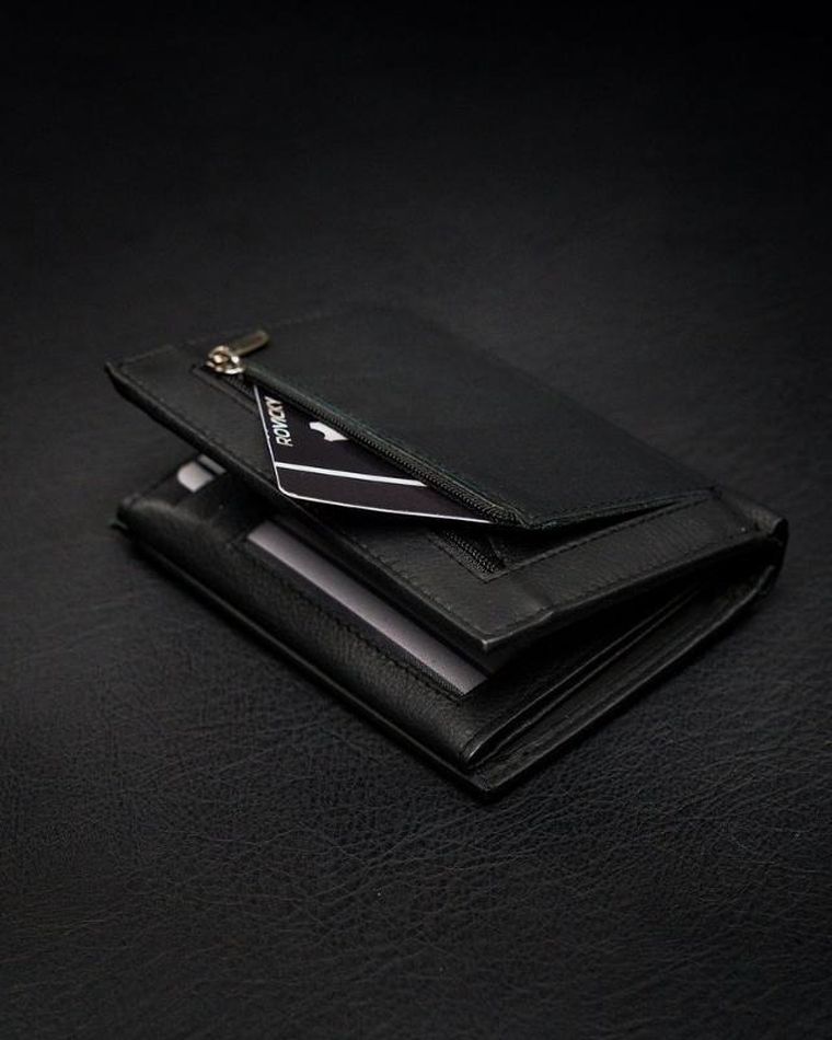 Składany, pionowy portfel męski z kieszonką na suwak, skóra naturalna, Rovicky