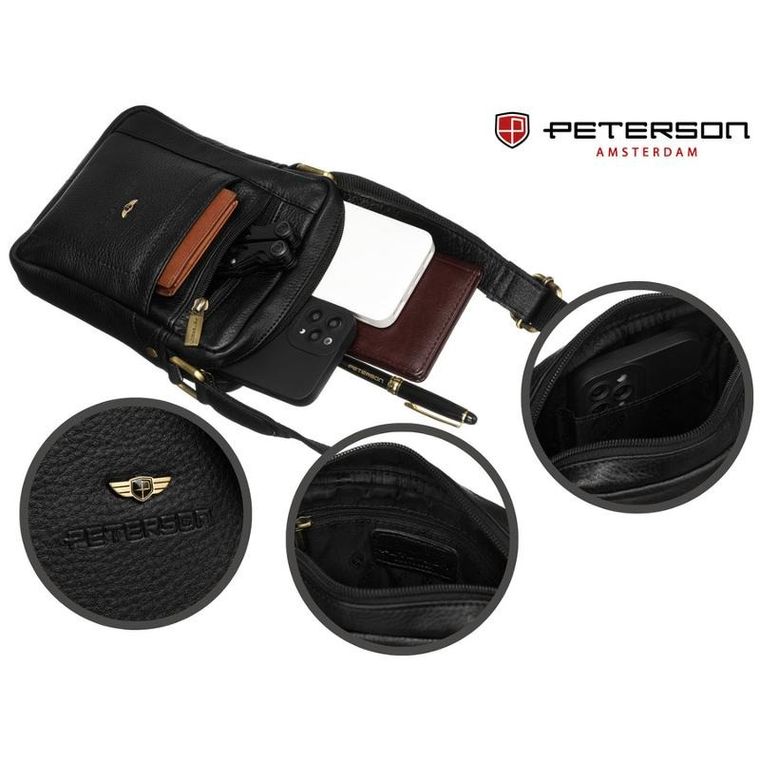 Torba listonoszka, czarna, skórzana, Petereson