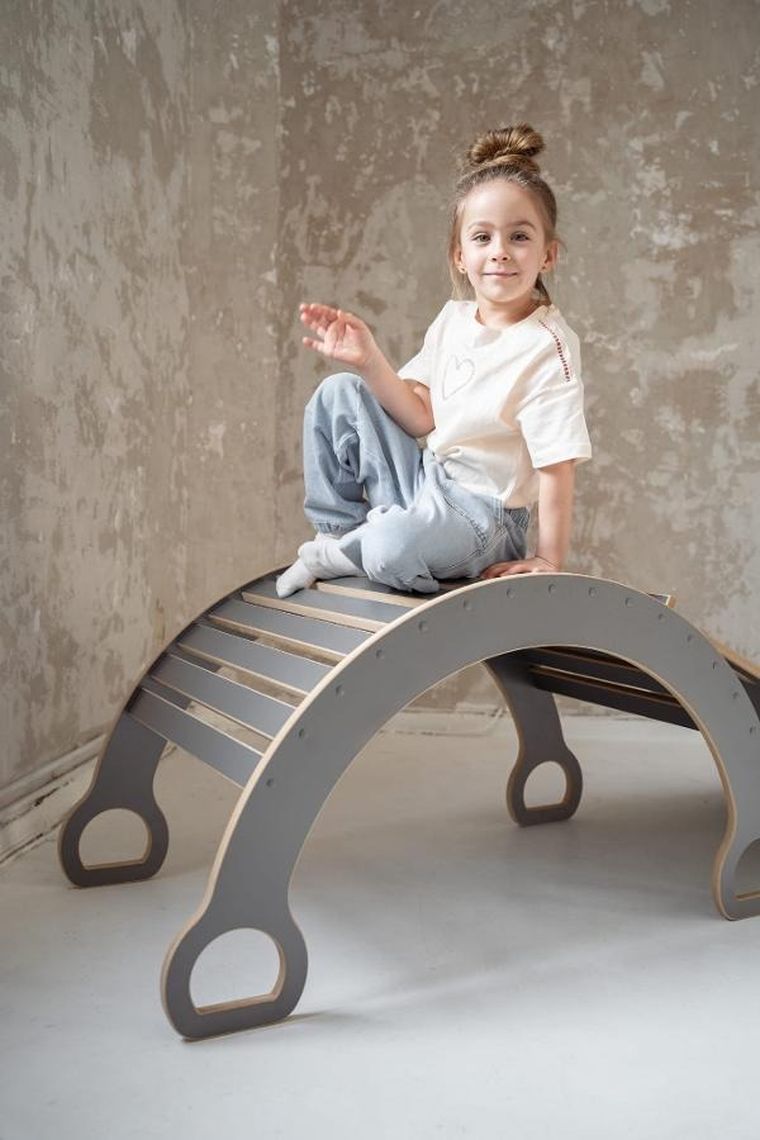 tupti.wood, 2w1: duży bujak montessori + duża zjeżdżalnia, chmurki, szara