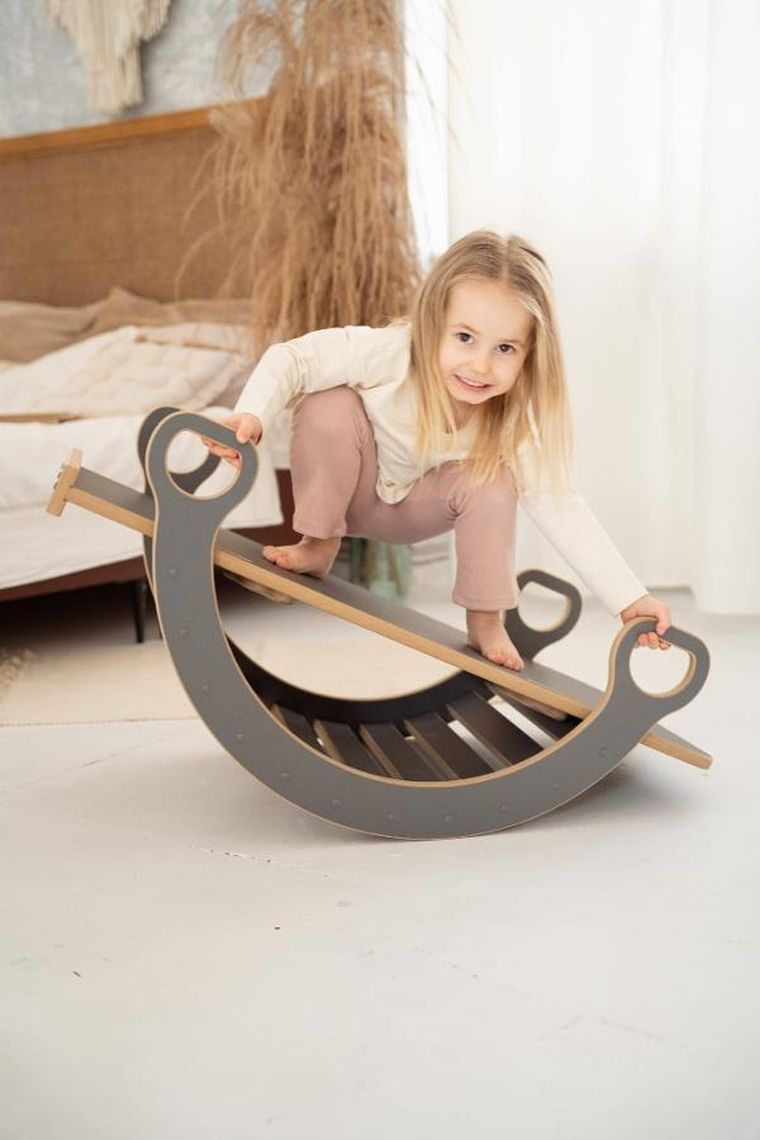 tupti.wood, 3w1: mały bujak montessori + mała zjeżdżalnia, chmurki, szary