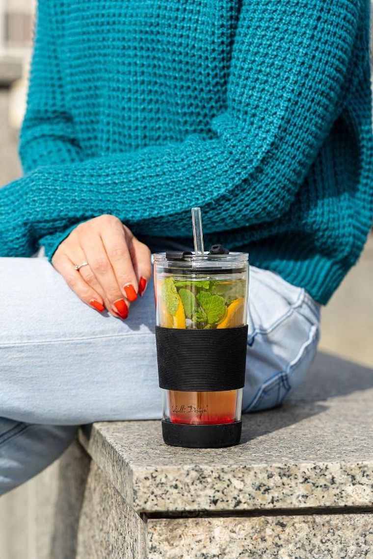 Vialli Design, kubek termiczny szklany ze słomką, 600 ml, czarny Fuori