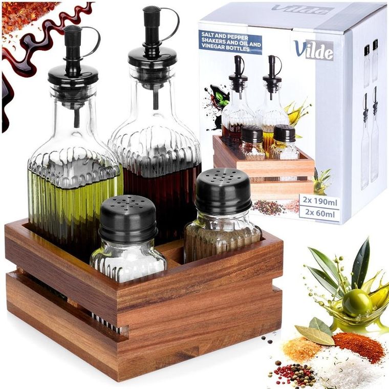 Vilde, butelki na oliwę i ocet, przyprawniki w stojaku, 5 elementów