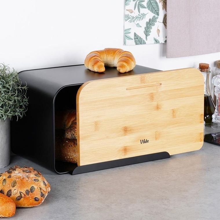 Vilde, chlebak metalowy z deską bambusową, czarny, 35-22-20,5 cm