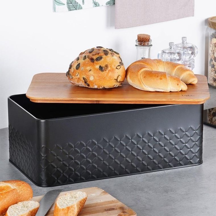 Vilde, chlebak metalowy z deską drewnianą, czarny, 33,5-18,5-12,5 cm