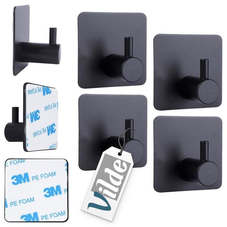 Vilde, haczyk wieszak samoprzylepny, stalowy, czarny, 4 szt.
