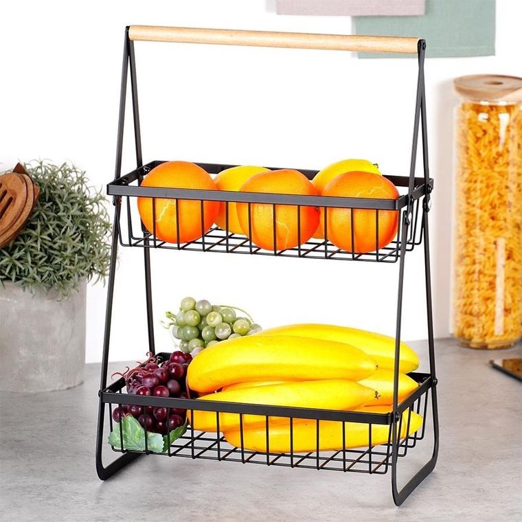 Vilde, koszyk na owoce, metalowy, 2-poziomowy, czarny