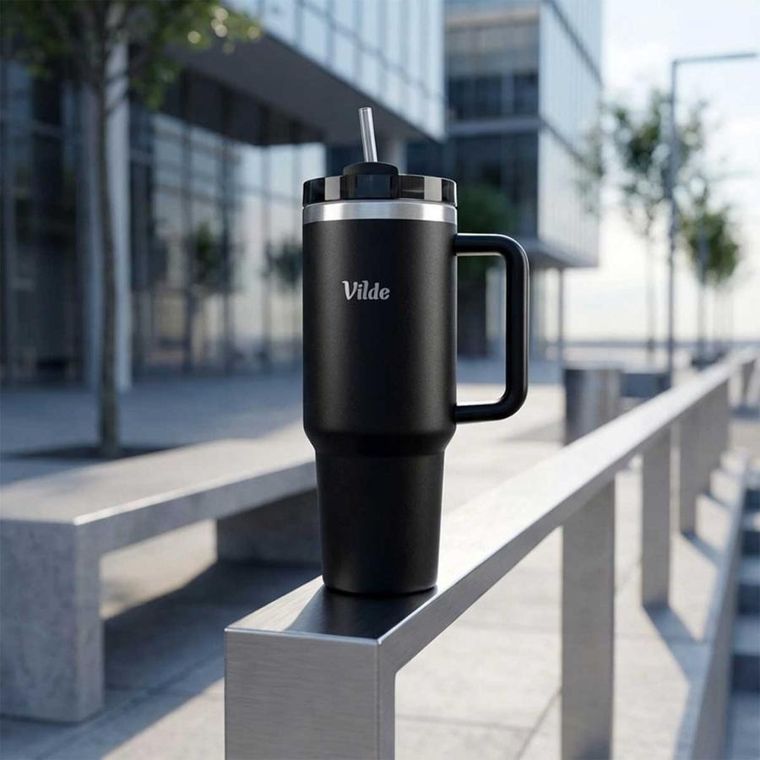 Vilde, kubek termiczny, stalowy, czarny z uchwytem, 1,2l