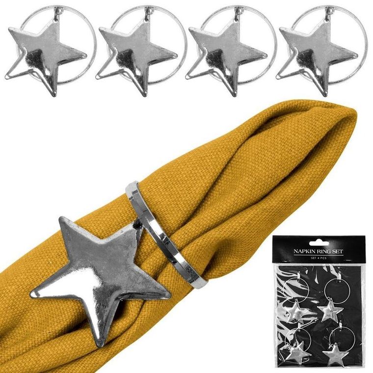 Vilde, obrączki na serwetki, metalowe srebrne, gwiazdki, 4 szt.