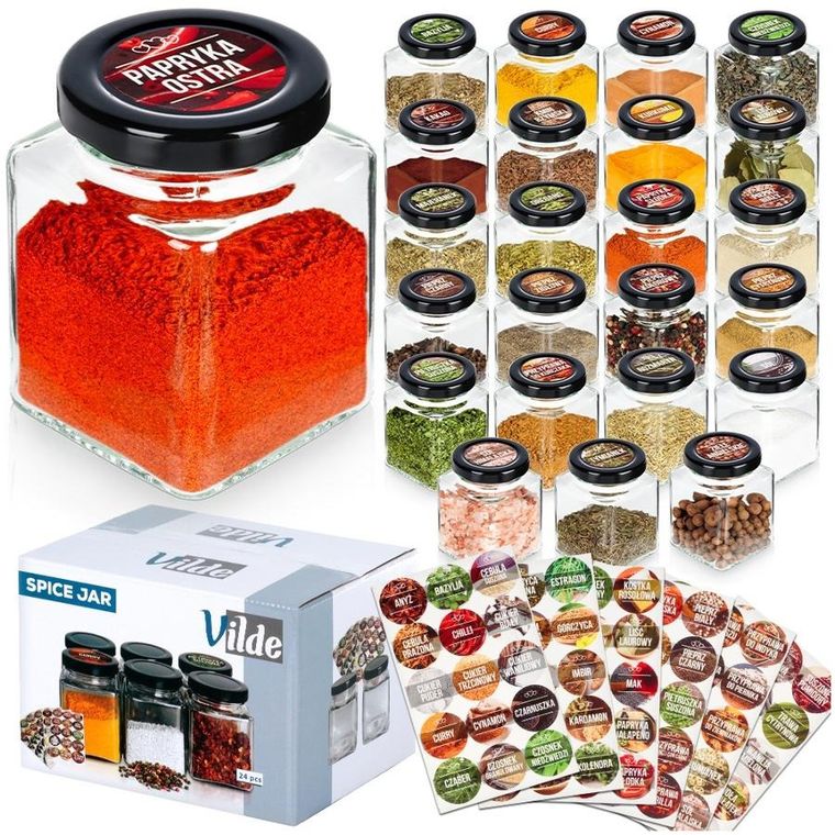 Vilde, pojemnik na przyprawy, szklany, 100 ml, 24 szt. + 90 naklejek
