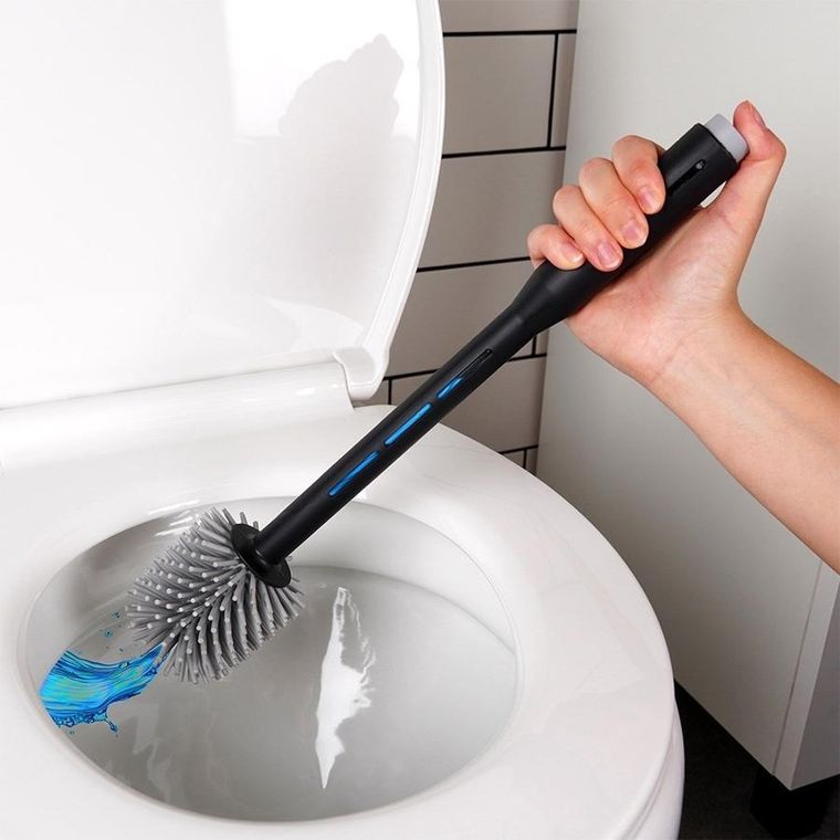 Vilde, silikonowa szczotka do toalety ze stojakiem i dozownikiem płynu, czarna, 40 cm
