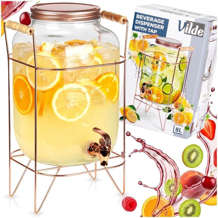 Vilde, słój do napojów z kranikiem i stojakiem, złoty, 8l