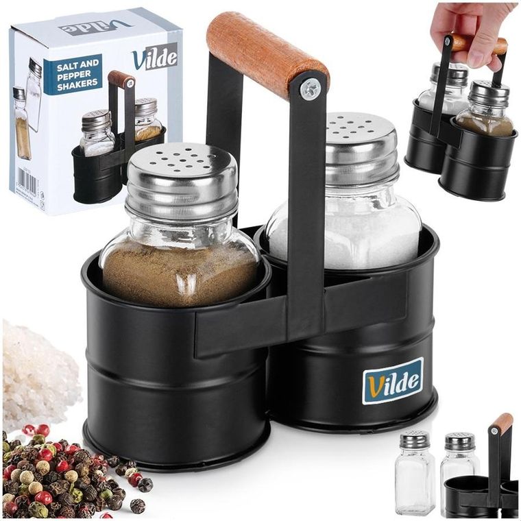 Vilde, solniczka i pieprzniczka ze stojakiem, 3 el.