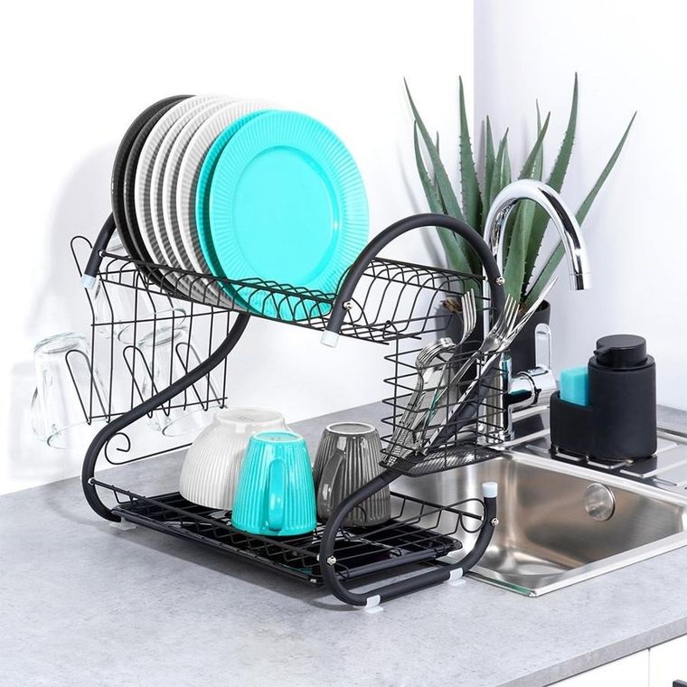 Vilde, suszarka na naczynia, czarna, 2-poziomowa, 52-24.5-38 cm