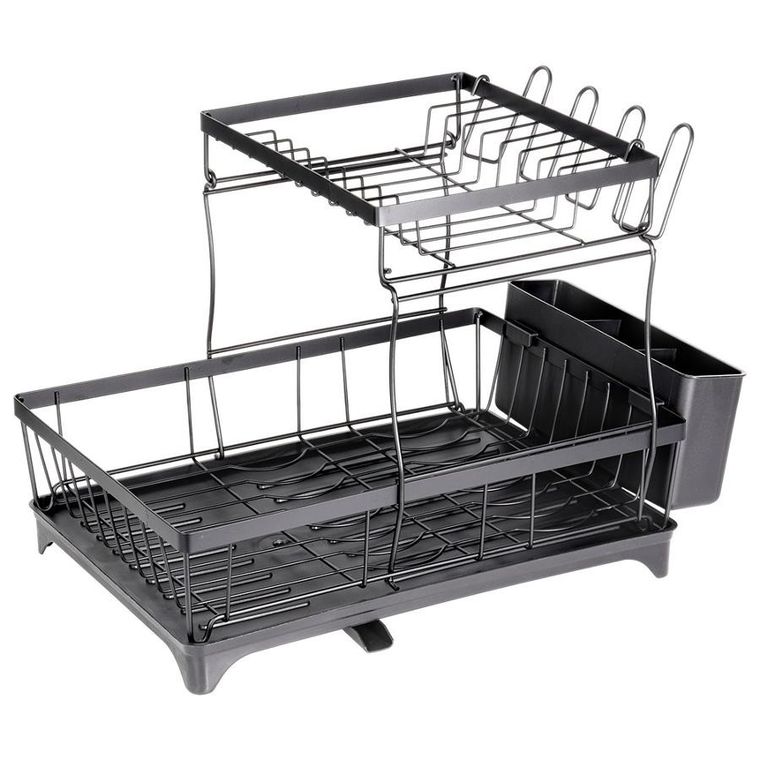 Vilde, suszarka na naczynia, metalowa, czarna, 2-poziomowa, 49,5-30-34 cm