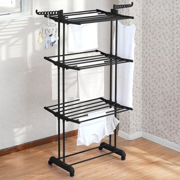 Vilde, suszarka na pranie metalowa, czarna, pionowa na kółkach, 125-170 cm