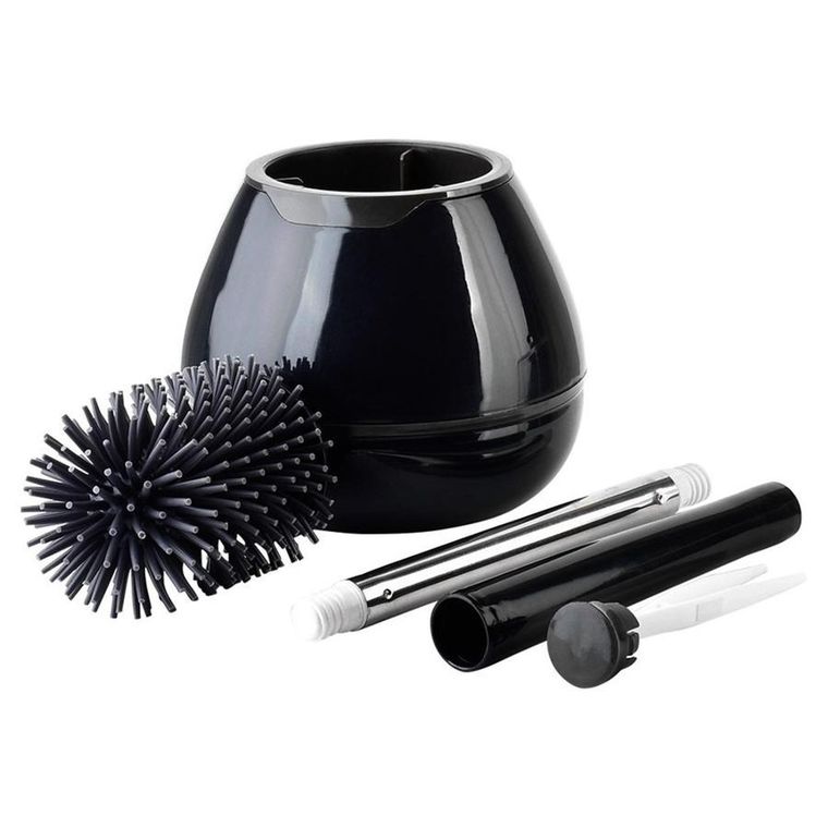 Vilde, szczotka do toalety silikonowa ze stojakiem i szczypcami, czarna, 42 cm