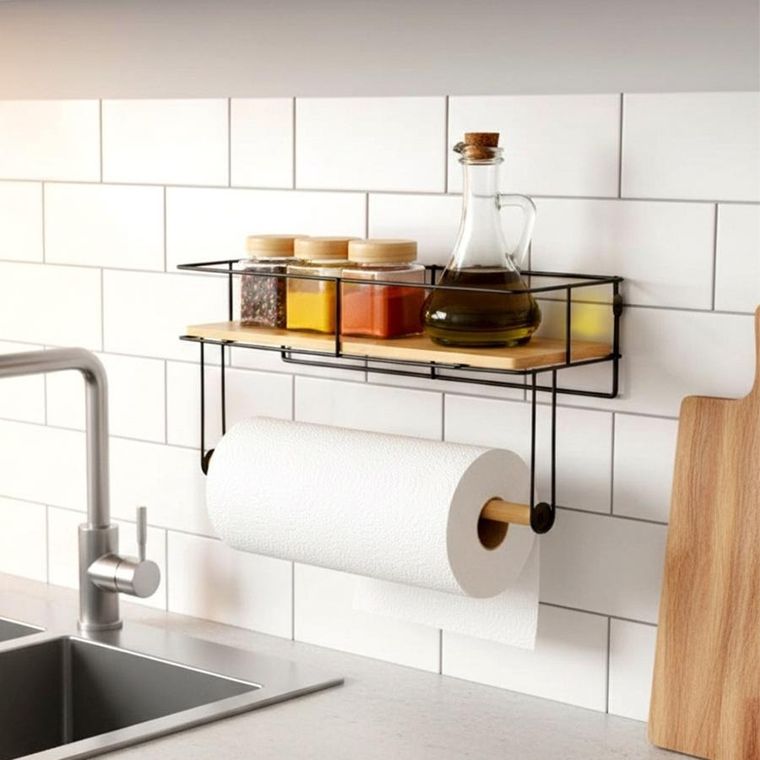 Vilde, wieszak na ręcznik papierowy, z półką, metalowy, czarny, 37-12,5-18,5 cm