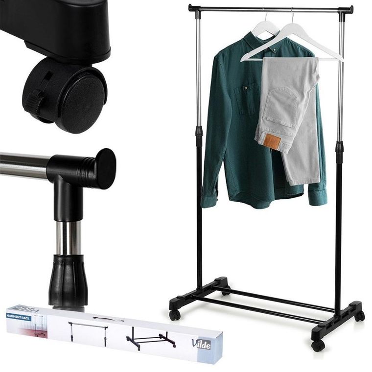 Vilde, wieszak stojący na ubrania, metalowy, czarny, na kółkach, 140 cm