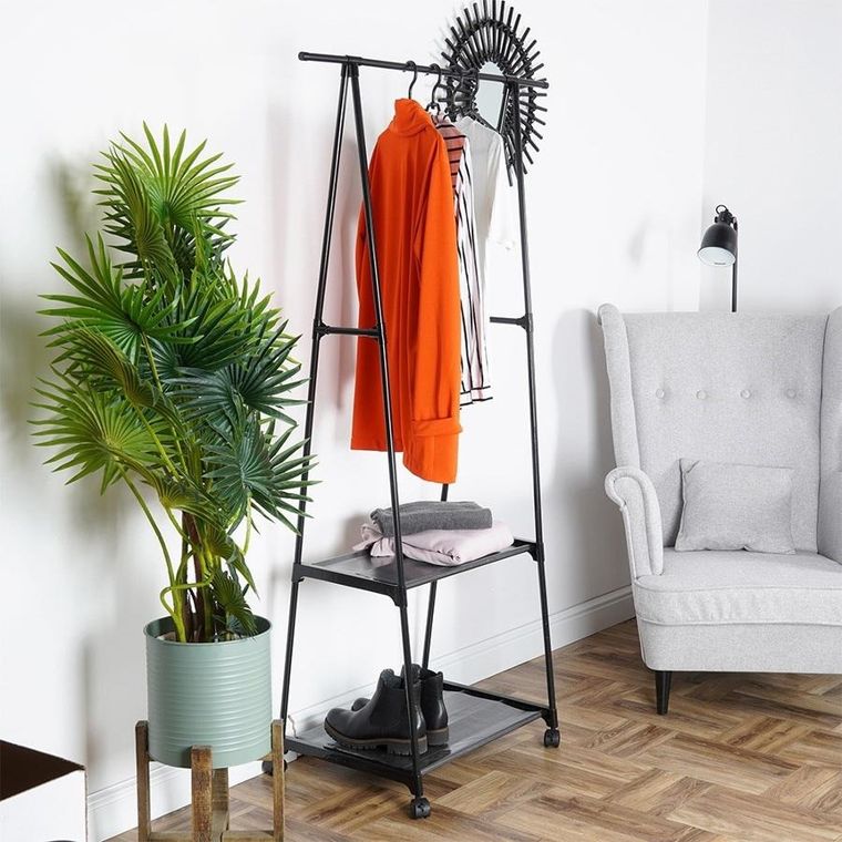 Vilde, wieszak, stojący na ubrania, metalowy czarny na kółkach, 88-44-160 cm