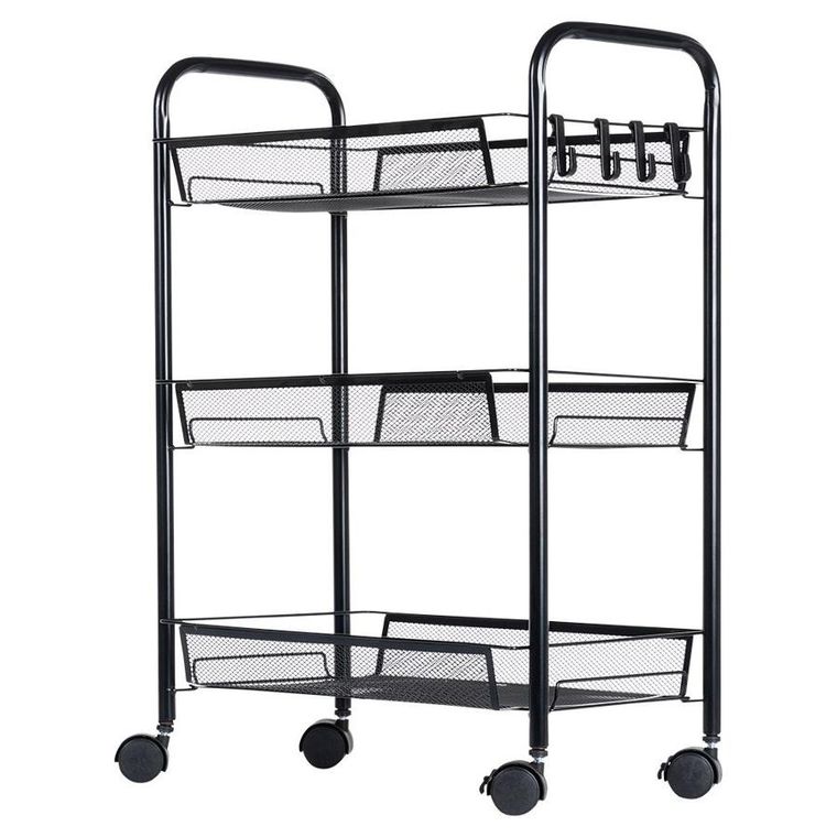 Vilde, wózek do przechowywania, metalowy czarny, 3-poziomowy