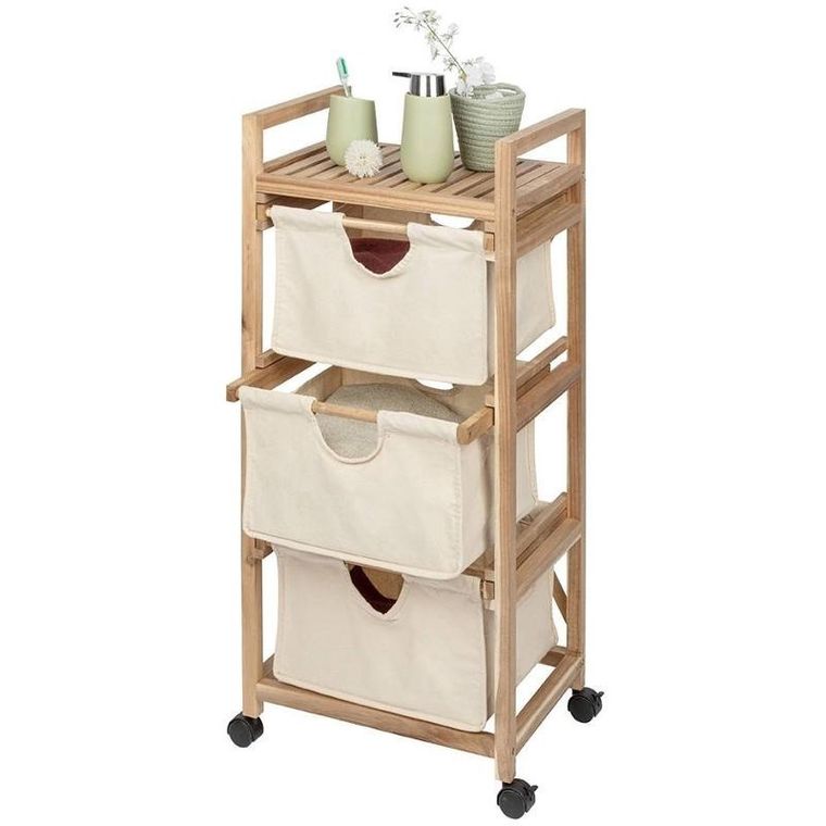 Wenko, Acina, szafka łazienkowa z trzema materiałowymi pojemnikami, drewno akacjowe