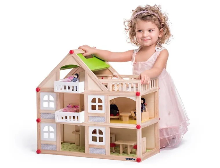 Woodyland, drewniany domek dla lalek z akcesoriami, 2-piętrowy