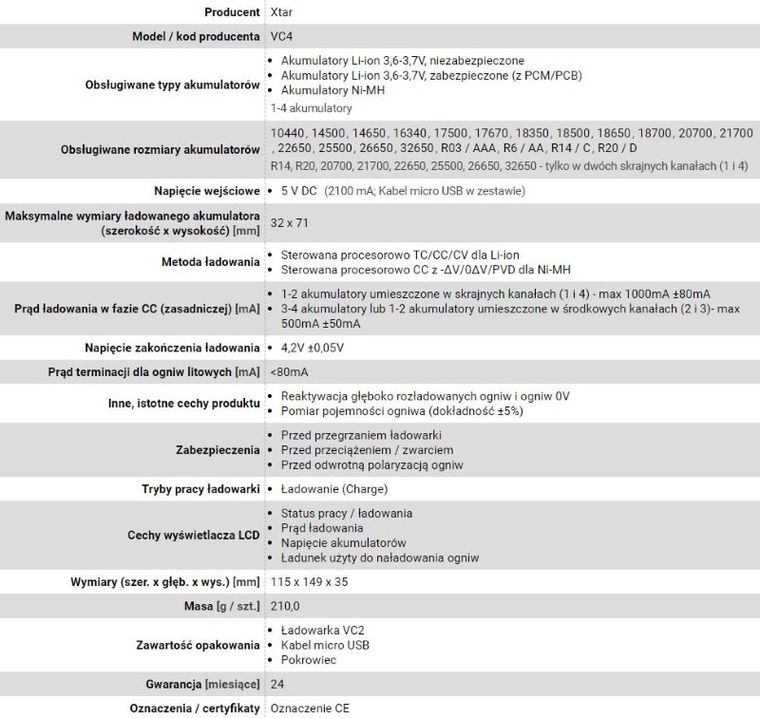 Xtar, ładowarka do akumulatorów cylindrycznych, LI-ION, VC4