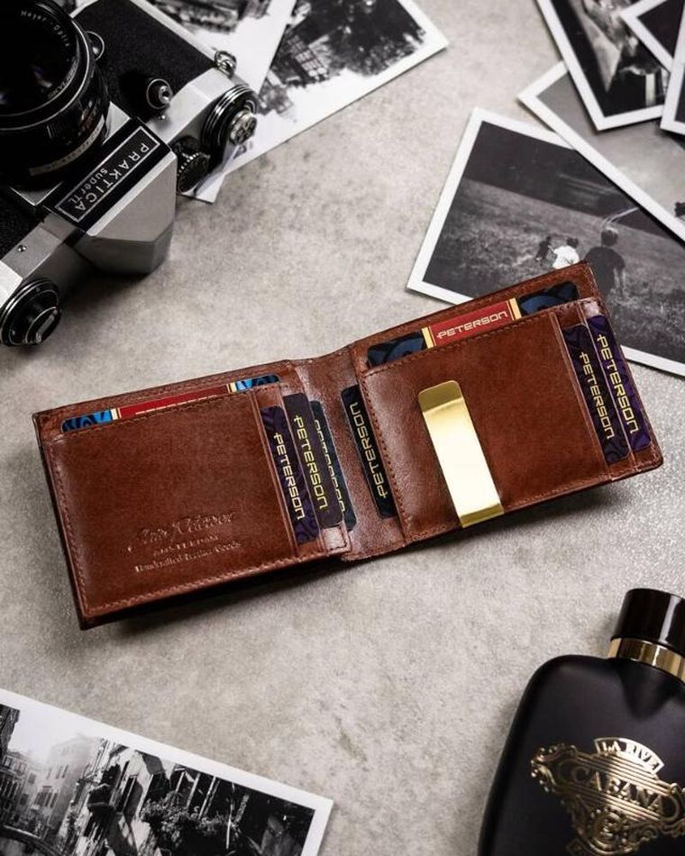Zestaw: Portfel, Etui na karty, Brelok, brązowy, skórzany, RFID, Peterson
