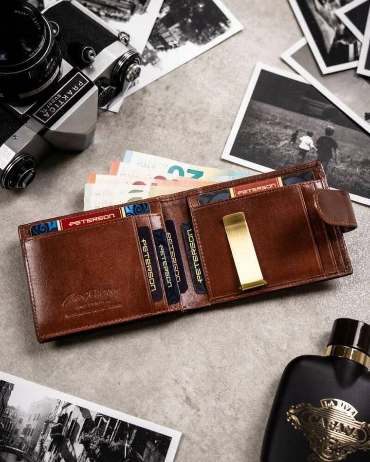 Zestaw: Portfel, Etui na karty, Brelok, brązowy, skórzany, RFID, Peterson