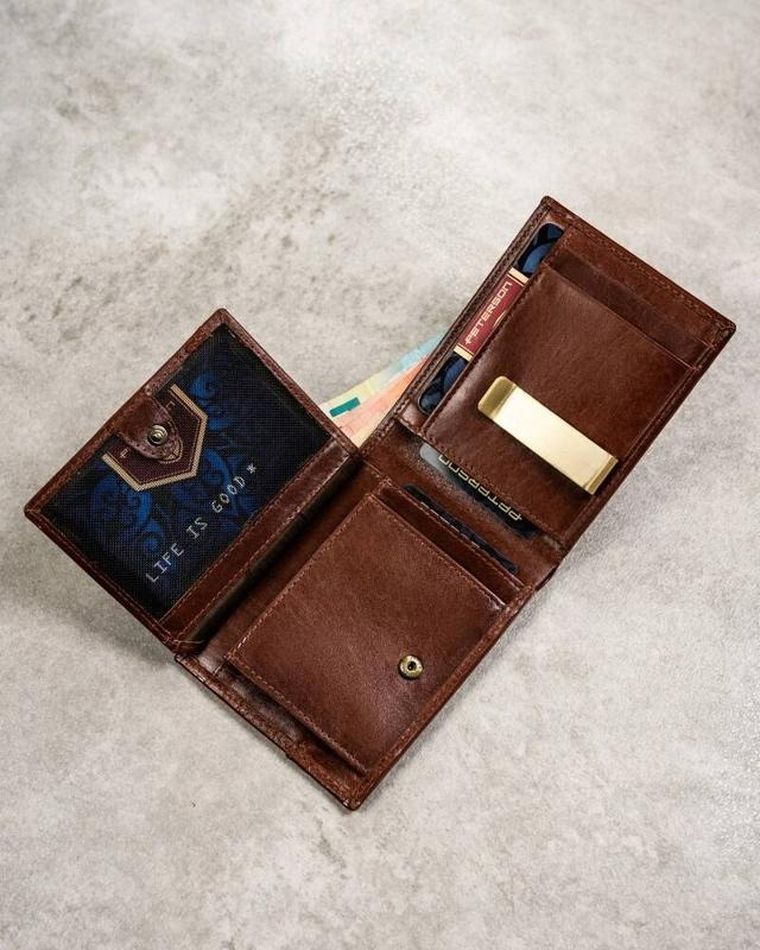 Zestaw: Portfel, Etui na karty, Brelok, brązowy, skórzany, RFID, Peterson