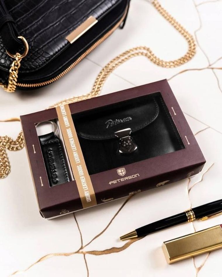 Zestaw prezentowy: Portfel, Brelok, czarny, skórzany, Peterson