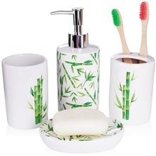 Bathroom Solutions, zestaw łazienkowy ceramiczny, biały dekor bambus, 4 elementy