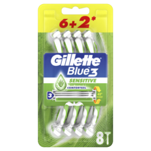 Gillette, Blue3 Sensitive, jednorazowa maszynka do golenia dla mężczyzn, 6+2 szt.