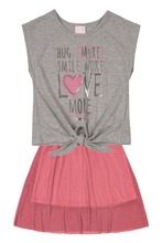 Komplet dziewczęcy, T-shirt bez rękawów, Spódniczka, szaro-różowy, Love, Quimby