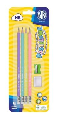 Astra, ołówki pastelowe HB z miarką, 4 szt.+ gumka i temperówka