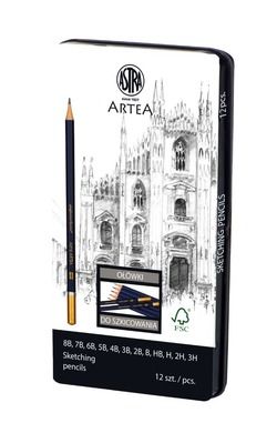 Astra, zestaw ołówków do szkicowania, Artea mix, 12 szt. w metalowym pudełku