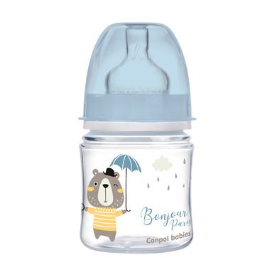 Canpol babies, EasyStart, Bonjour, butelka szeroka antykolkowa, niebieska, 0m+, 120 ml