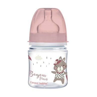 Canpol babies, EasyStart, Bonjour, butelka szeroka antykolkowa, różowa, 0m+, 120 ml