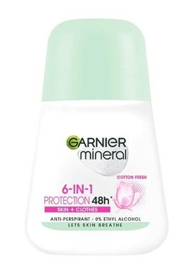 Garnier, Mineral, dezodorant roll-on, 6in1 Protection 48h cotton Fresh, skin+clothes, 50 ml
