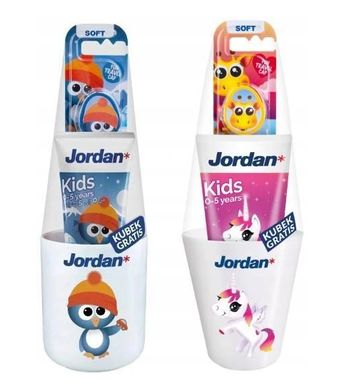 Jordan, Junior zestaw, pasta do zębów dla dzieci 0-5 lat, 50 ml + szczoteczka + kubek