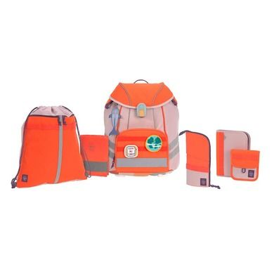 Lassig, 7-częściowy zestaw szkolny z plecakiem, workiem, dwoma piórnikami, saszetką, pokrowcem przeciwdeszczowym i kompletem: zawieszka + 2 przypinki Unique, rose/neon-orange