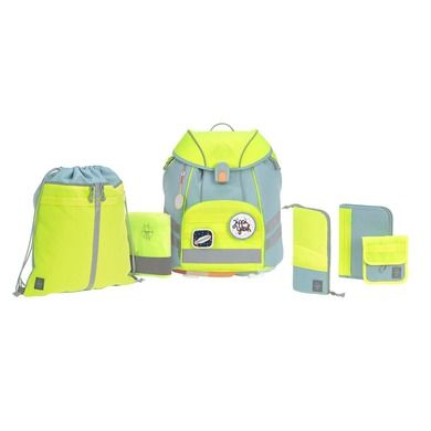Lassig, 7-częściowy zestaw szkolny z plecakiem, workiem, dwoma piórnikami, saszetką, pokrowcem przeciwdeszczowym i kompletem: zawieszka + 2 przypinki Unique, blue/neon-yellow