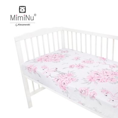 MimiNu, Peonie, prześcieradło bawełniane z gumką, różowe, 60-120 cm