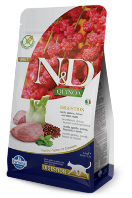 N&D Quinoa, Digestion, karma dla kotów dorosłych, trawienie, jagnięcina, quinoa, fenkuł i mięta, 1,5 kg