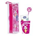 Chicco, pasta, szczotka do zębów, kubek + etui, zestaw podróżny, różowy, 36m+