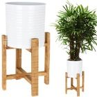 Home Styling Collection, doniczka na drewnianym stojaku, metalowa, 2 szt., biała