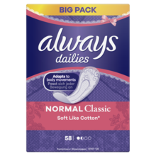 Always, Dailies, Classic Soft Like Cotton Normal, wkładki higieniczne, 58 szt.