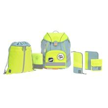 Lassig, 7-częściowy zestaw szkolny z plecakiem, workiem, dwoma piórnikami, saszetką, pokrowcem przeciwdeszczowym i kompletem: zawieszka + 2 przypinki Unique, blue/neon-yellow