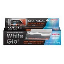 White Glo, Charcoal Deep Stain Remover Sensitive Relief, wybielająca pasta do zębów z aktywnym węglem, 125 ml + szczoteczka