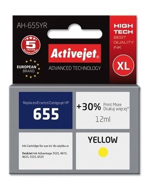 Activejet, tusz do drukarki, zamiennik HP 655 CZ112AE, Premium, 12 ml, żółty, AH-655YR